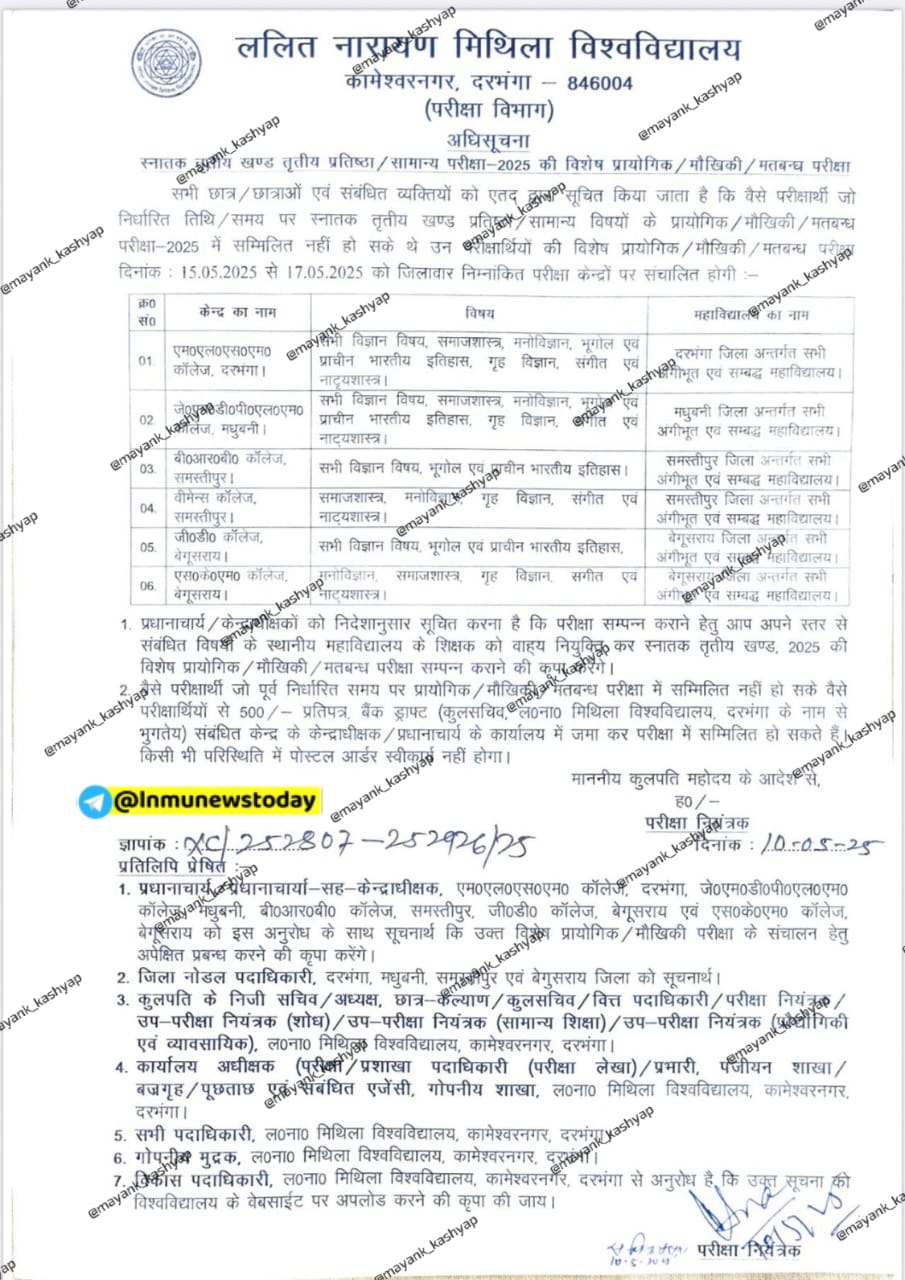 स्नातक तृतीय खण्ड तृतीय प्रतिष्ठा / सामान्य परीक्षा-2025 की विशेष प्रायोगिक / मौखिकी / मतबन्ध परीक्षा lnmu part:-3 spacial exam 